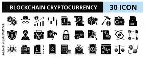 30 Blockchain Cryptocurrency Glyph Icons Vector - Coin Investment, Crypto Market, Bitcoin Mining, Encryption, Mining Pool, Trading