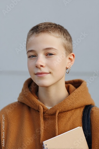 Confident youth with short hair in cozy brown hoodie, holding no