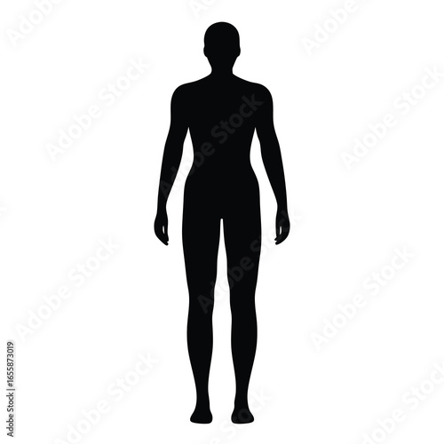 Full body silhouette of a woman, anatomical illustration in black color