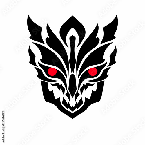 Fierce tribal-style illustration of a demonic dragon head with sharp details and glowing symbolizing power, strength, and mystery