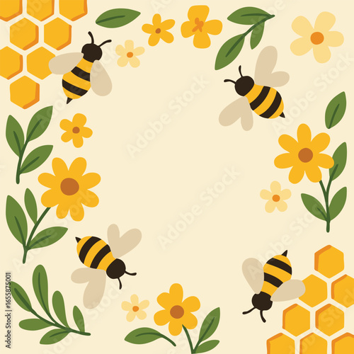 Bee and flower wreath border with honeycomb accents