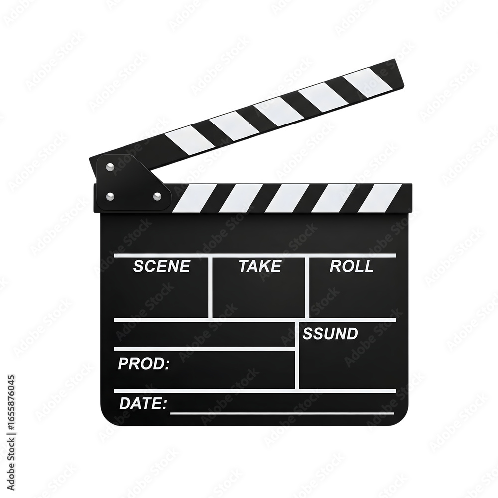 Fototapeta premium Black film clapperboard with white stripes and text fields isolated on transparent background