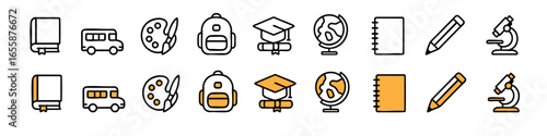 set of minimal school icon for world map , pencil , bag , bus , book , graduation cap , art try , note vector illustration 