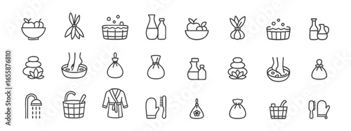 set of icon primarily associated with soa , wellness and self care for showerhead, wooden buket , massage tools , brush , bathrobe , bottles , bowl