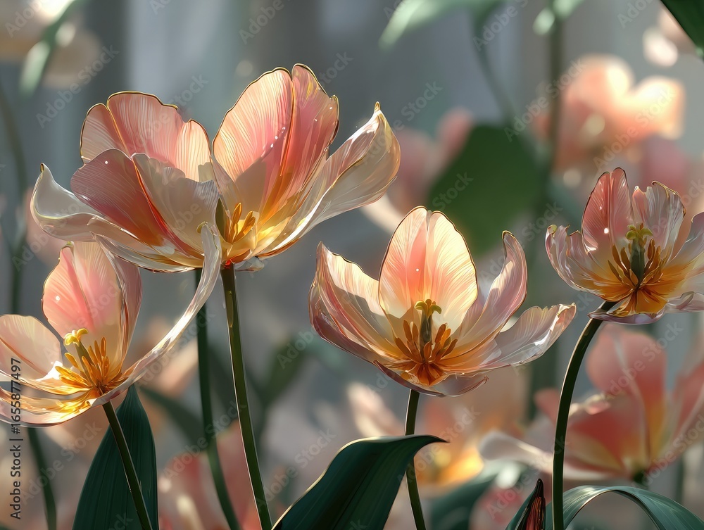 Fototapeta premium Peach tulips bask in sunlight, petals translucent
