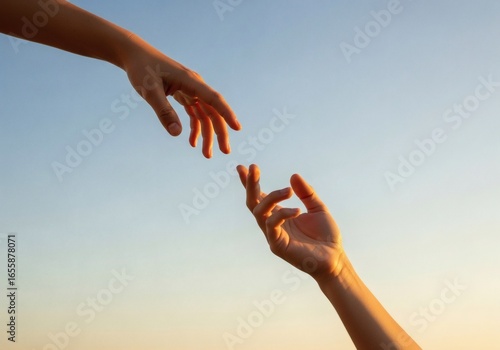 Two hands reaching out to each other against a clear blue sky