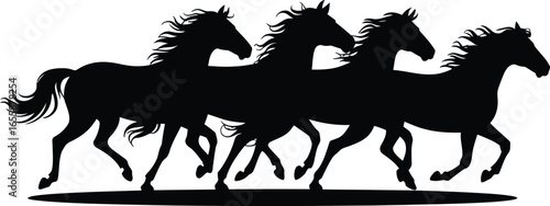 
Group of running wild horses in a black silhouette vector.