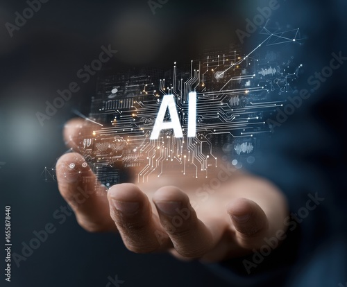 AI automation and API automation. Data transfer through system integration. Intelligent process automation technology solutions. Businessman using lap