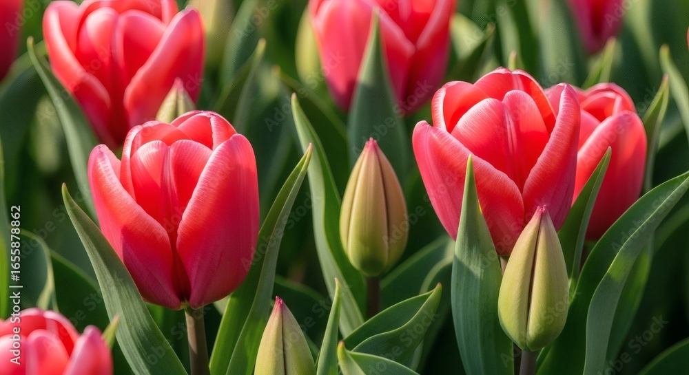 Fototapeta premium Vibrant red tulips with unopened buds and green leaves