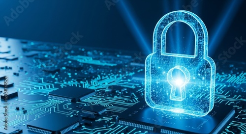A glowing digital padlock symbolizing cybersecurity and data protection superimposed on a detailed circuit board with illuminated pathways.