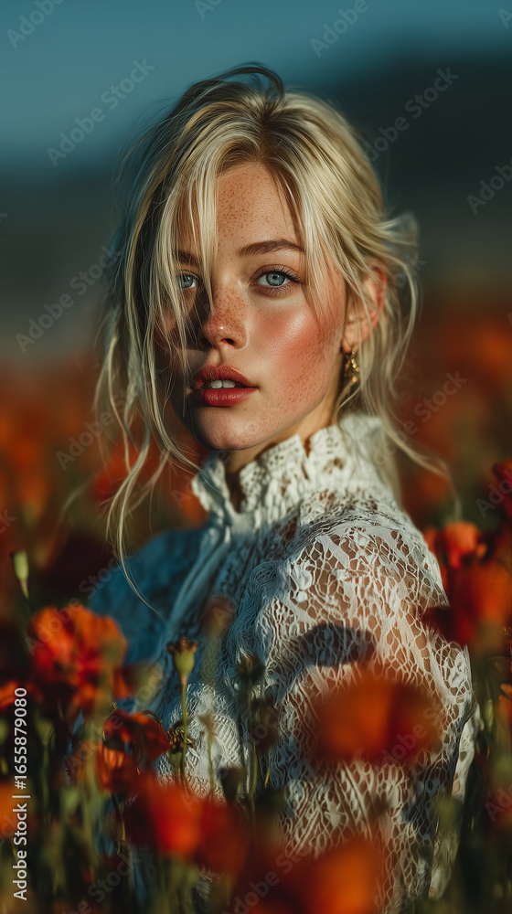 Naklejka premium Girl in Poppy Field: A serene portrait of a fair-skinned woman with blonde hair and blue eyes amidst vibrant red poppies.