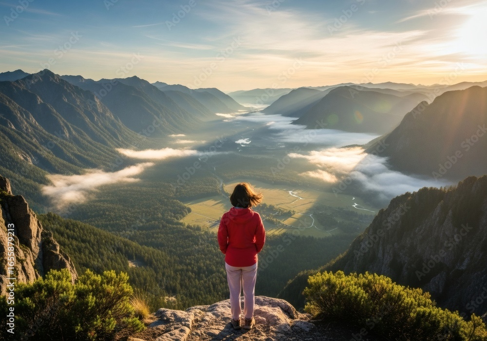Fototapeta premium Woman overlooking a misty mountain valley at sunrise
