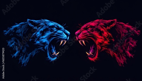Epic showdown of blue and red panthers digital art futuristic vibe dynamic environment high-contrast illustration