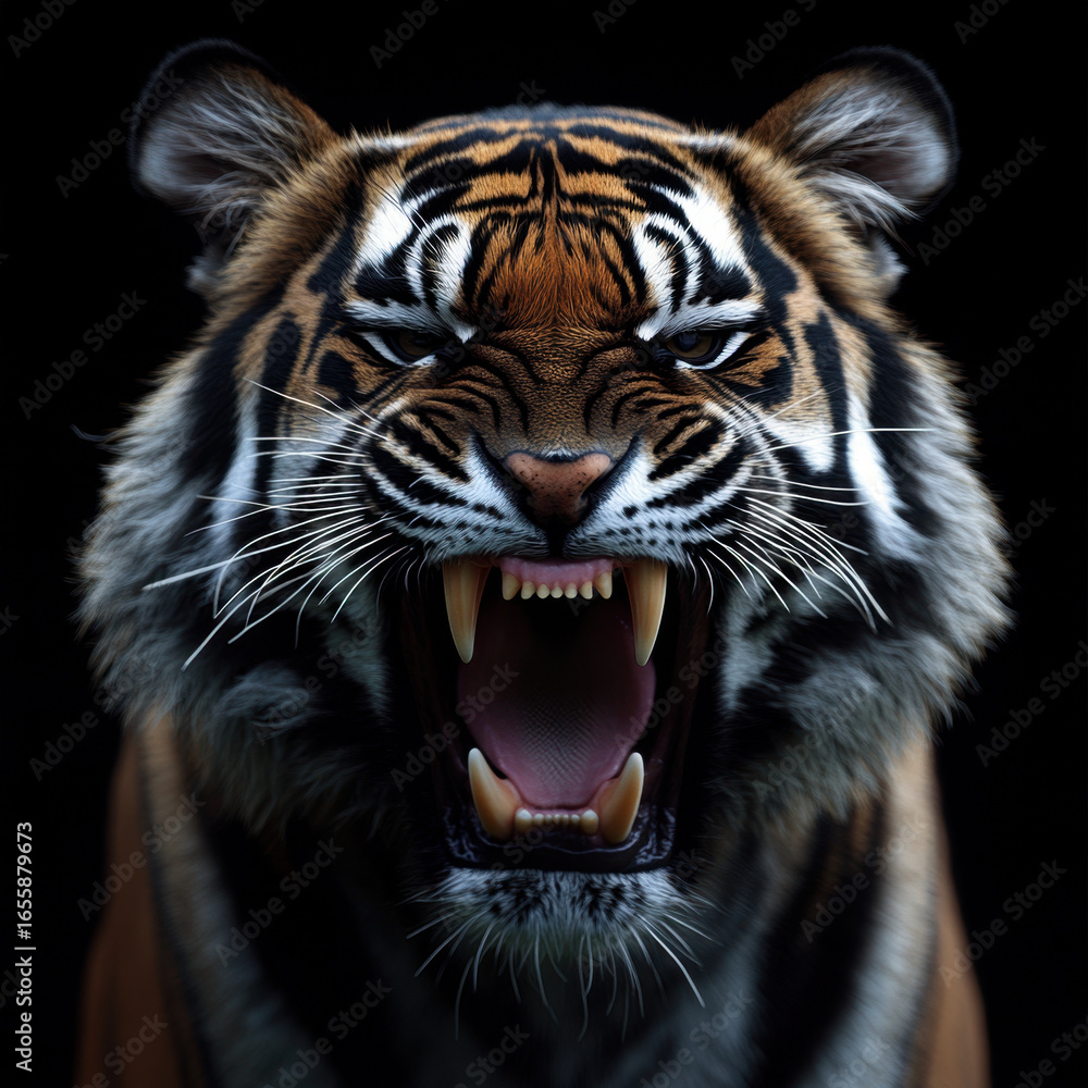 Obraz premium Tiger roaring fiercely, displaying sharp teeth.