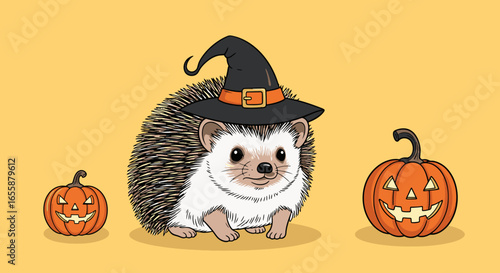 Adorable Festive Halloween Hedgehog Illustration with Witch Hat Surrounded by Playful Jack-o'-Lanterns, Perfect for Halloween Party Decorations, Children's Books, and Fun Holiday Merchandising