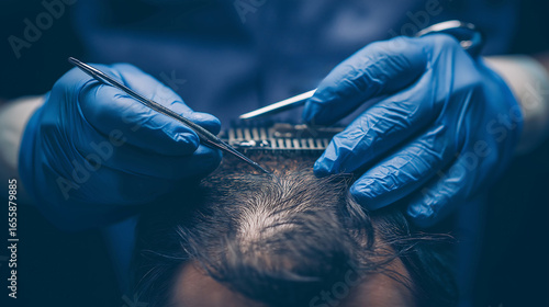 Close up head of a person treatment of alopecia hair transplant surgery, Hair restoration techniques. Hair transplant preparation concept
