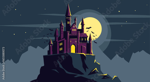 Enchanting Gothic Castle Silhouette Against a Bright Full Moon: A Spooky Nighttime Fantasy Landscape Featuring Bats and Dramatic Mountain Backdrop for Halloween-Themed Projects and Creative Designs