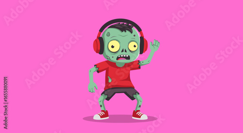 Energetic Cartoon Zombie Dancing with Headphones on a Vibrant Pink Background – Perfect for Halloween, Party Themes, and Youthful Digital Projects Needing a Fun and Quirky Vibe