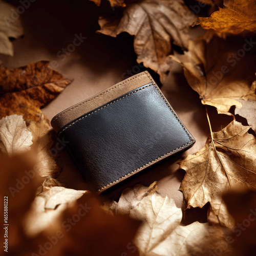  Stylish Leather Wallet on Autumn Leaves for Background Composition
