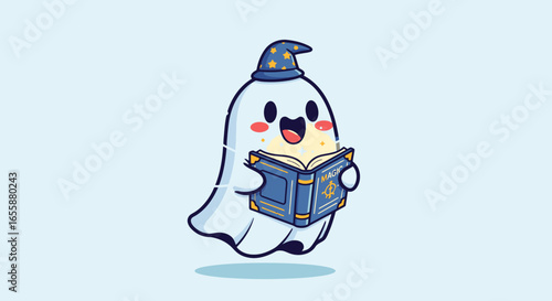 Playful Cartoon Ghost Character in a Wizard Hat Joyfully Reading a Spellbook, Perfect for Halloween, Kids' Parties, or Whimsical Designs, Suitable for Merchandise, Decorations, and Educational Content