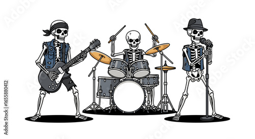 Rocking Skeleton Band – A Vibrant and Unique Cartoon Illustration of Three Skeleton Musicians in Dynamic Poses with Electric Guitar, Drums, and Microphone Perfect for Halloween, Music Events, and