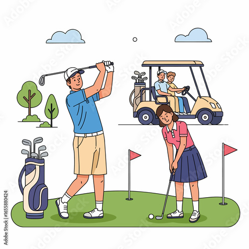 Happy golfers enjoying a sunny day on the course, one teeing off, another putting, and a couple riding in a golf cart.