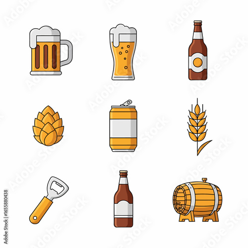 Beer brewing icons: mug, glass, bottle, can, hop, wheat, opener, barrel.
