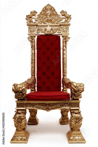 Ornate gold throne with regal red cushioning, fit for royalty. A majestic statement piece with intricate details on a white backdrop.