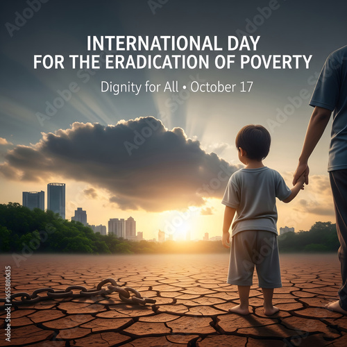 International day for the eradication of poverty child and adult walking towards a hopeful sunset over a cracked earth landscape