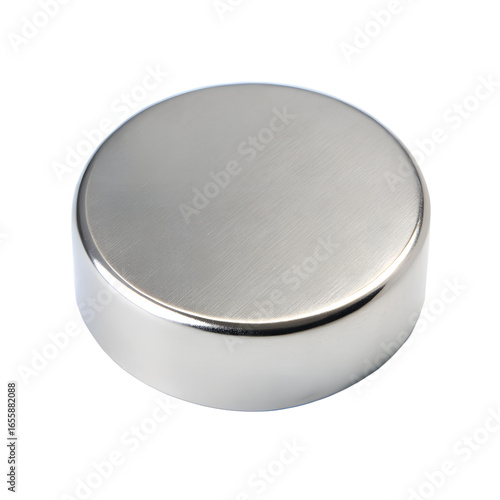 A single, shiny, round neodymium magnet isolated on a transparent background