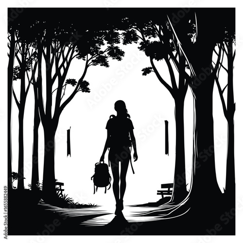 Woman hiking silhouette in forest path