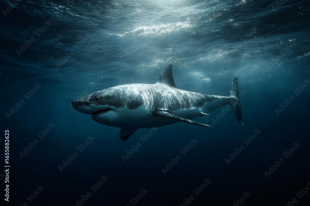 Naklejka premium Powerful great white shark gliding through deep blue waters, golden sunlight penetrating ocean surface
