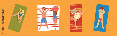Man and Woman Sunbathing on Sandy Beach Lying on Blanket Top View Vector Set