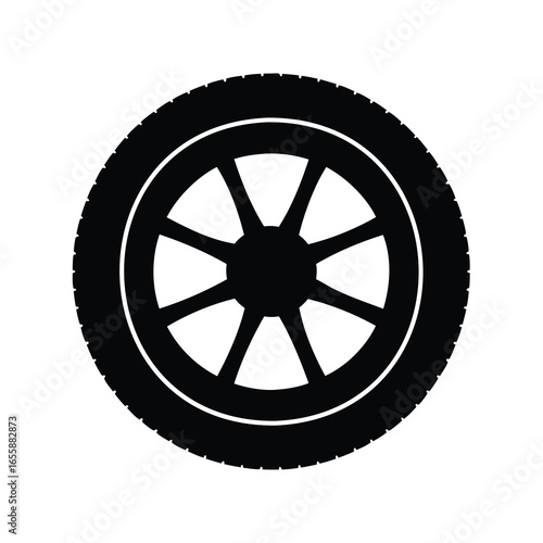 Stylized black and white image depicting a car tire and wheel