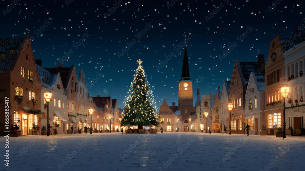 Fototapeta premium Festive town square at night with large Christmas tree adorned with lights, surrounded by charming buildings under starry sky