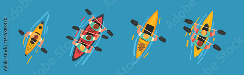 Man Rafting and Kayaking on Inflatable Boat with Paddle or Oar Above View Vector Set