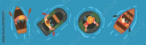 Man Rafting on Inflatable Raft and Wooden Boat with Paddle or Oar Above View Vector Set