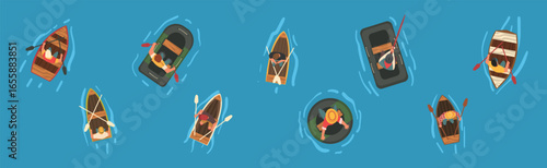Man Rafting on Inflatable Raft and Wooden Boat with Paddle or Oar Above View Vector Set