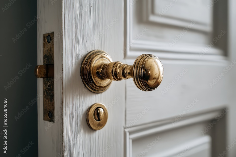 Fototapeta premium A white door with a brass doorknob and keyhole, aged appearance. Use in security, interior design, or home improvement concepts.