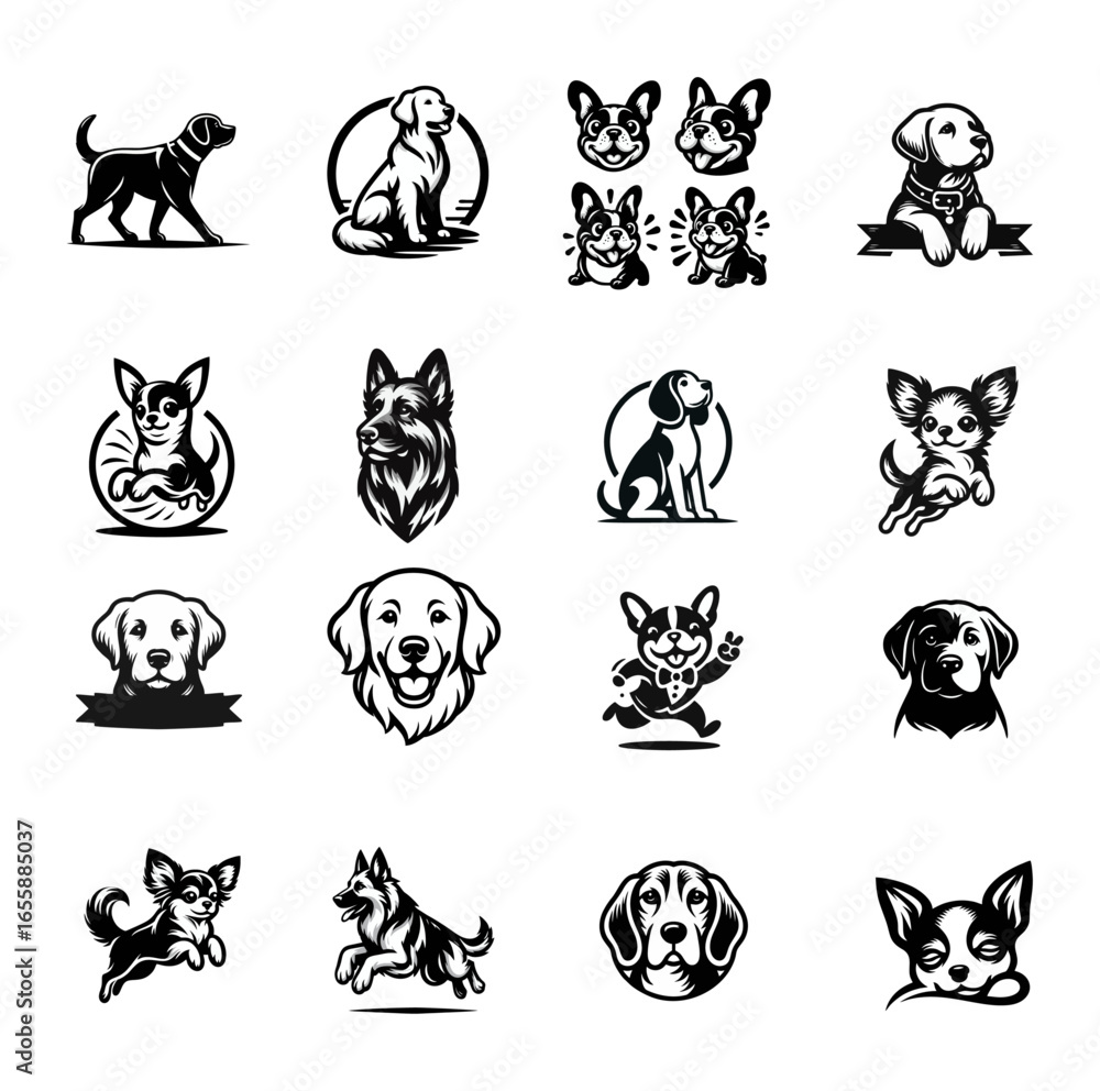 Fototapeta premium Dog Breeds Vector Graphics, Mascot Illustrations Set