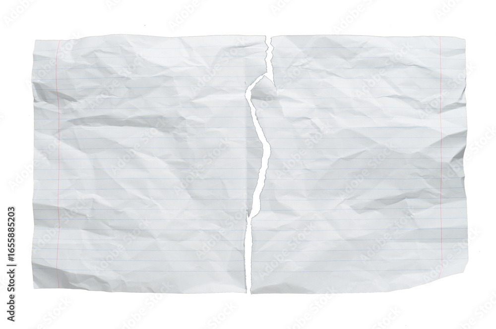 Obraz premium Torn lined school notebook sheet with rough ripped edges, blue horizontal lines on white background, isolated paper texture for notes, writing, scrapbooking, and projects.
