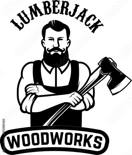 Woodworks. Emblem template with lumberjack. Design element for logo, emblem, sign. Vector illustration