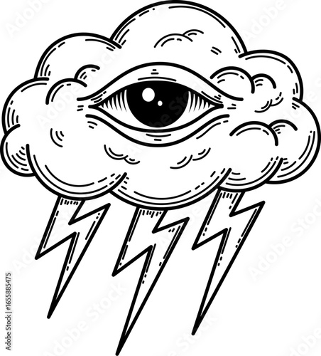 Vector illustration of a storm cloud with an all-seeing eye and lightning bolts. 