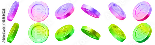 3D set neon coins of Philippine Peso with different angles. Y2k style. Stock vector illustration on isolated background.
