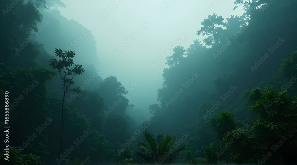 Fototapeta premium Eerie and Foggy Forest in a Deep Valley