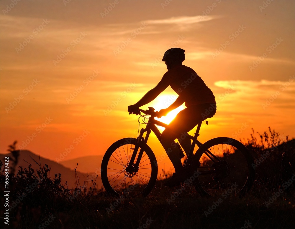 Fototapeta premium A silhouette of a cyclist riding a bicycle uphill at sunset