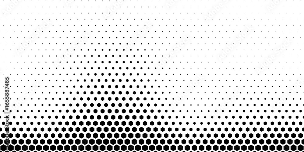 Hexagon halftone gradient texture. Abstract black grunge background. Geometric retro halftone tech overlay. Fading wavy hexagonal pattern backdrop. Vector wallpaper
