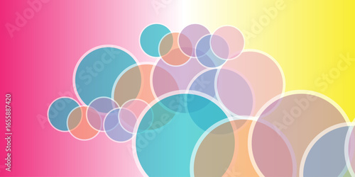 "A vibrant abstract background with overlapping translucent circles in shades of blue, pink, orange, and purple, set against a gradient backdrop transitioning from pink to yellow, creating a lively an