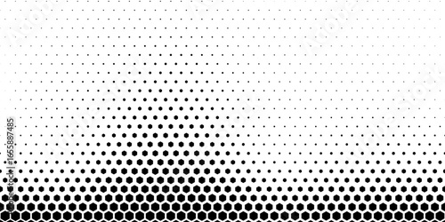 Hexagon halftone gradient texture. Abstract black grunge background. Geometric retro halftone tech overlay. Fading wavy hexagonal pattern backdrop. Vector wallpaper