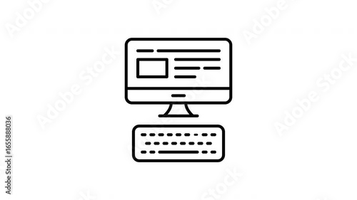 Animated computer and keyboard in use for typing in line icon style, suitable for office productivity, digital work, and technology concept illustrations